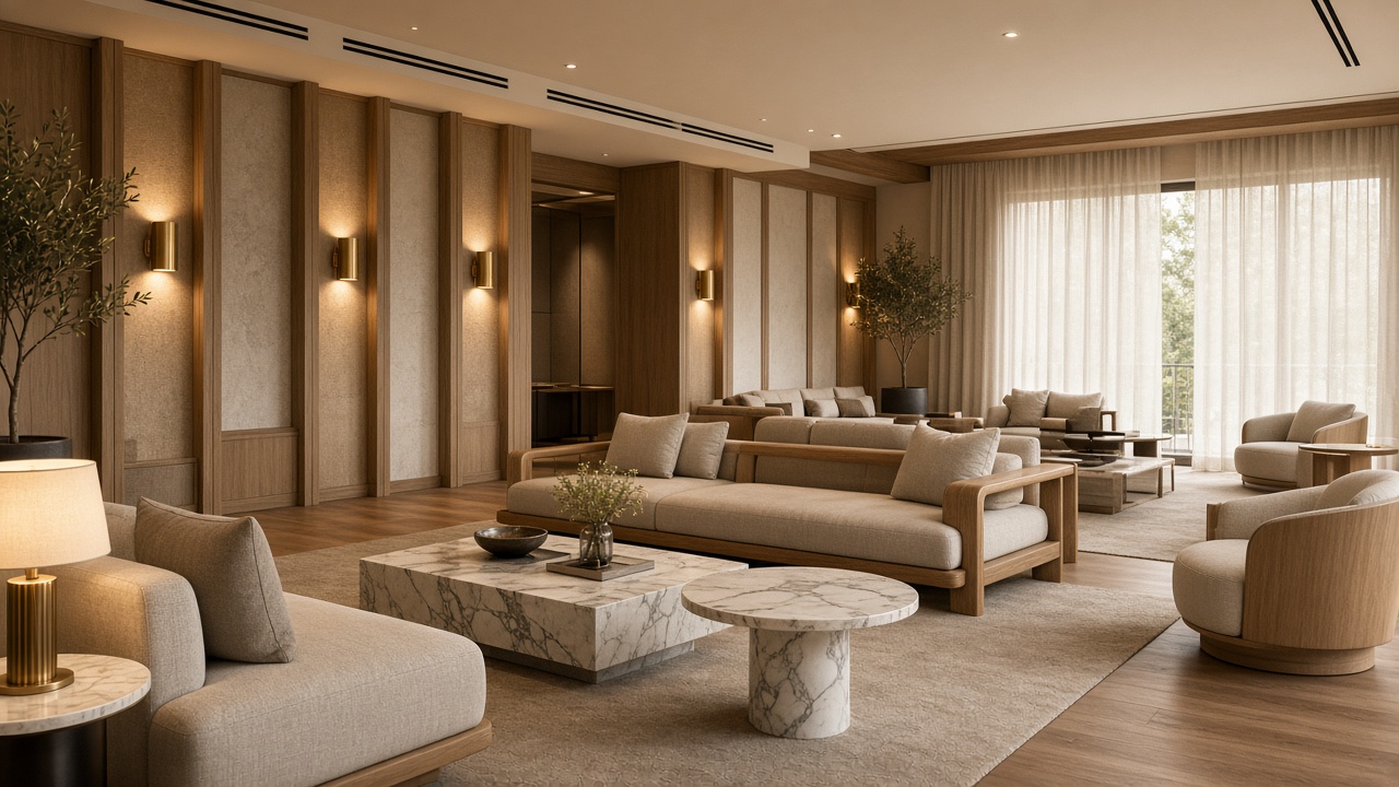 Луксозна празна boutique hotel lounge с дъб, мрамор и месингови аплици