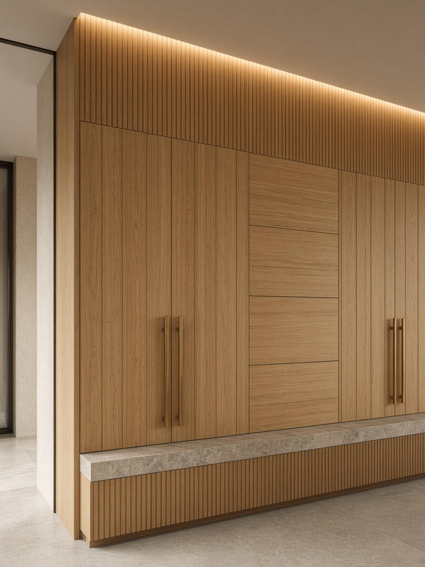 Вграден дъбов шкаф с месингови дръжки — joinery за професионални проекти