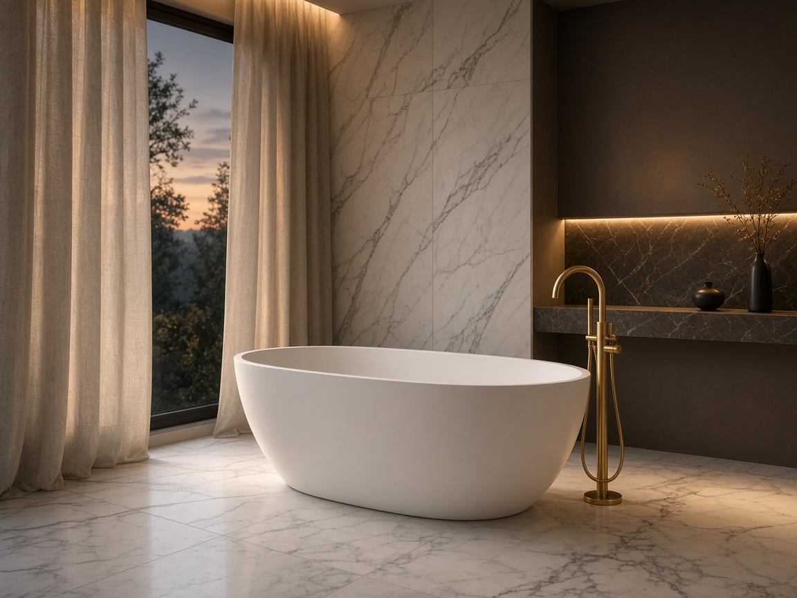 Freestanding white bathtub on a marble floor — the bath as an architectural accent