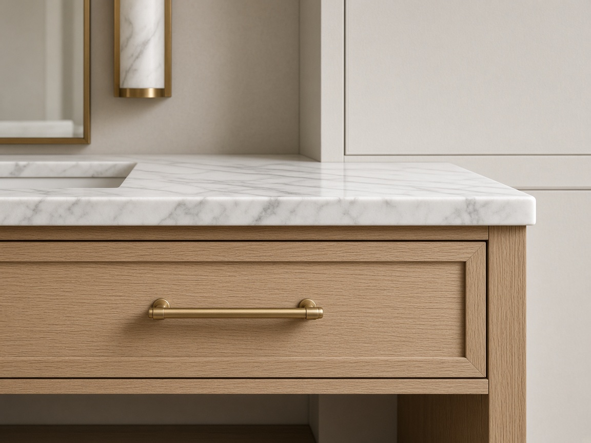 Oak drawer with a marble top and brass pull — custom bathroom joinery