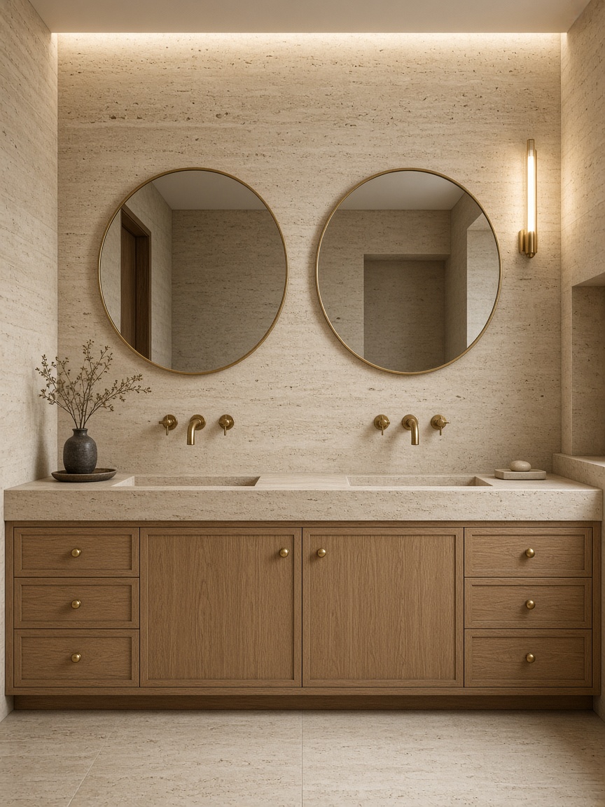 Double travertine vanity with round mirrors and brass taps