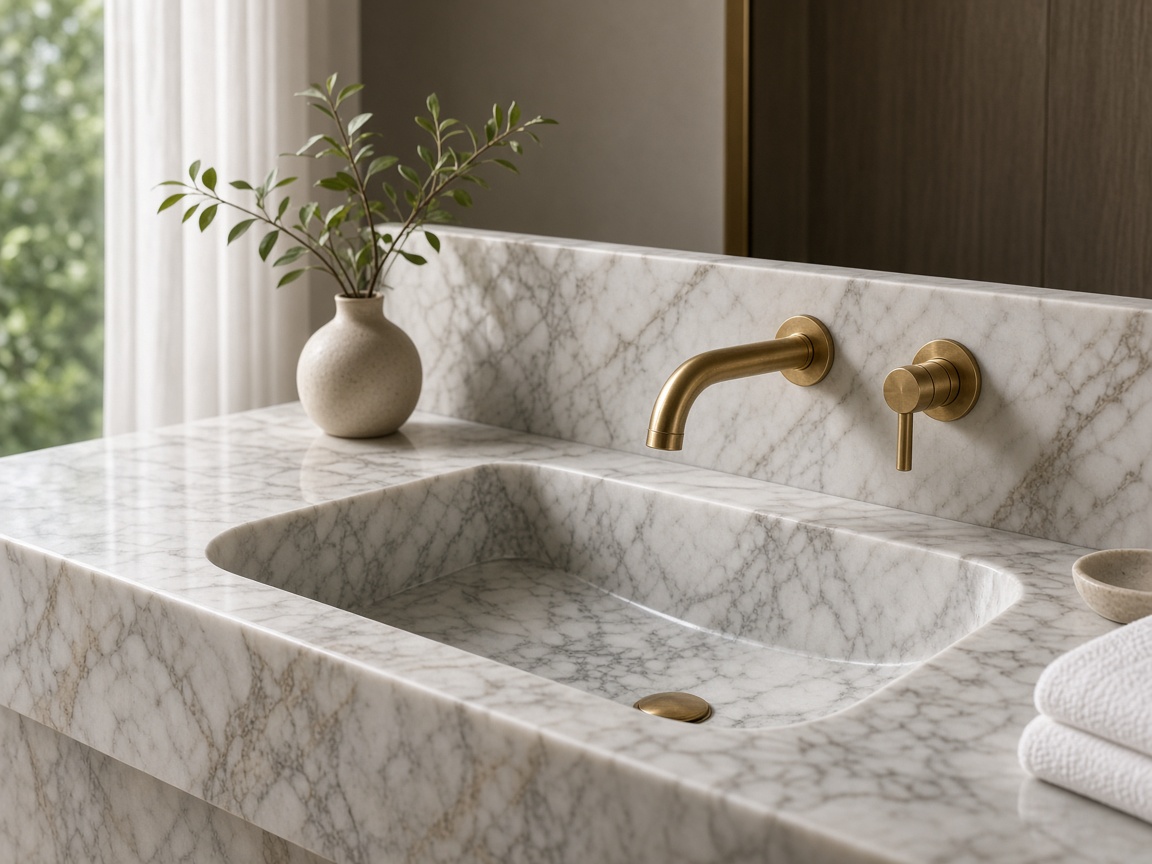 Marble basin with a brass tap — a place to discuss the bathroom