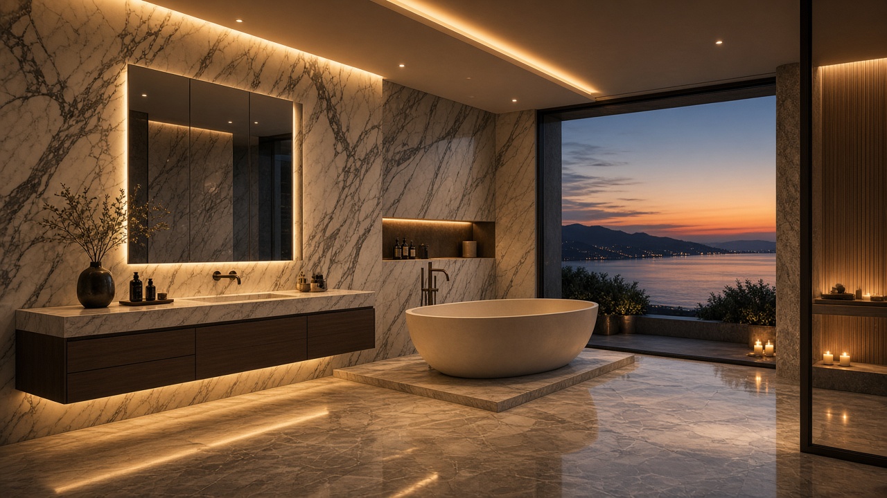 Luxury empty bathroom at dusk — marble, a bath and warm light