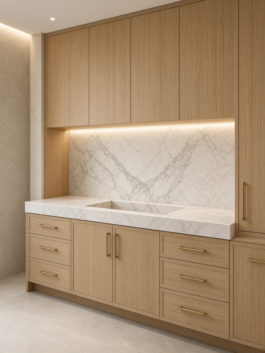 Built-in oak vanity wall with a marble top — furniture shaped around the space