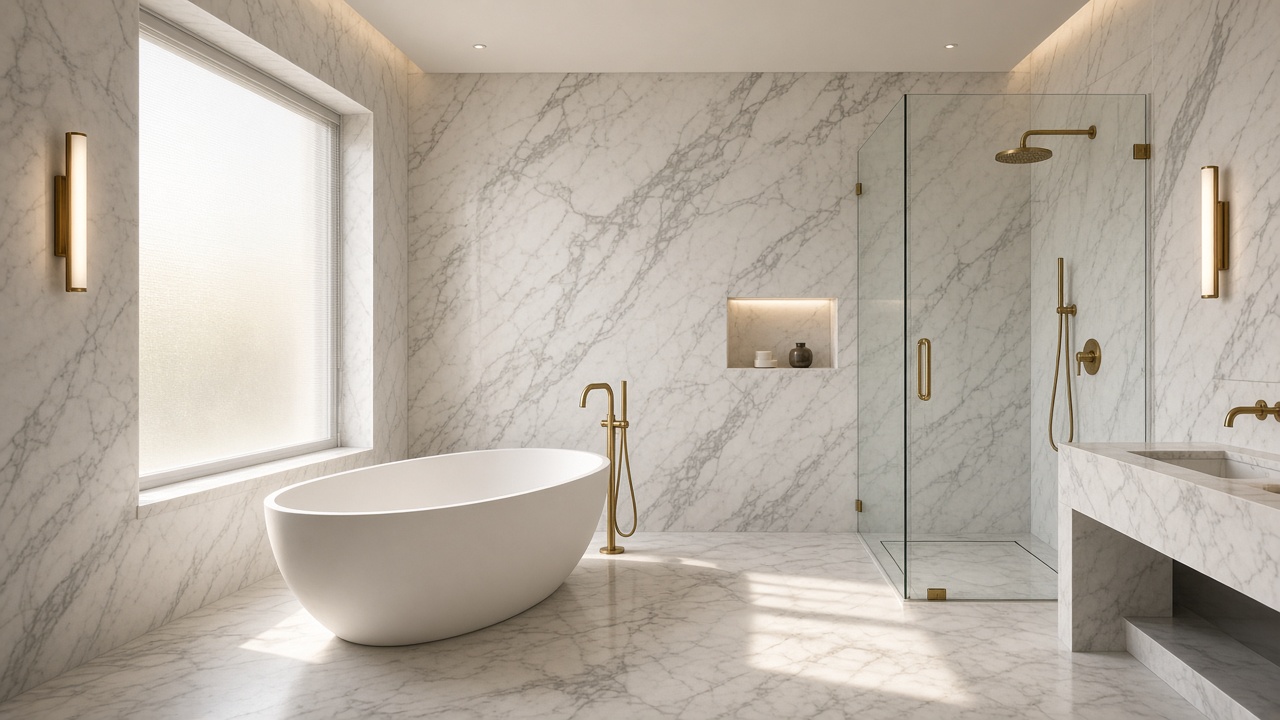 Luxury empty master bathroom with Calacatta marble, a freestanding bath and brass fixtures