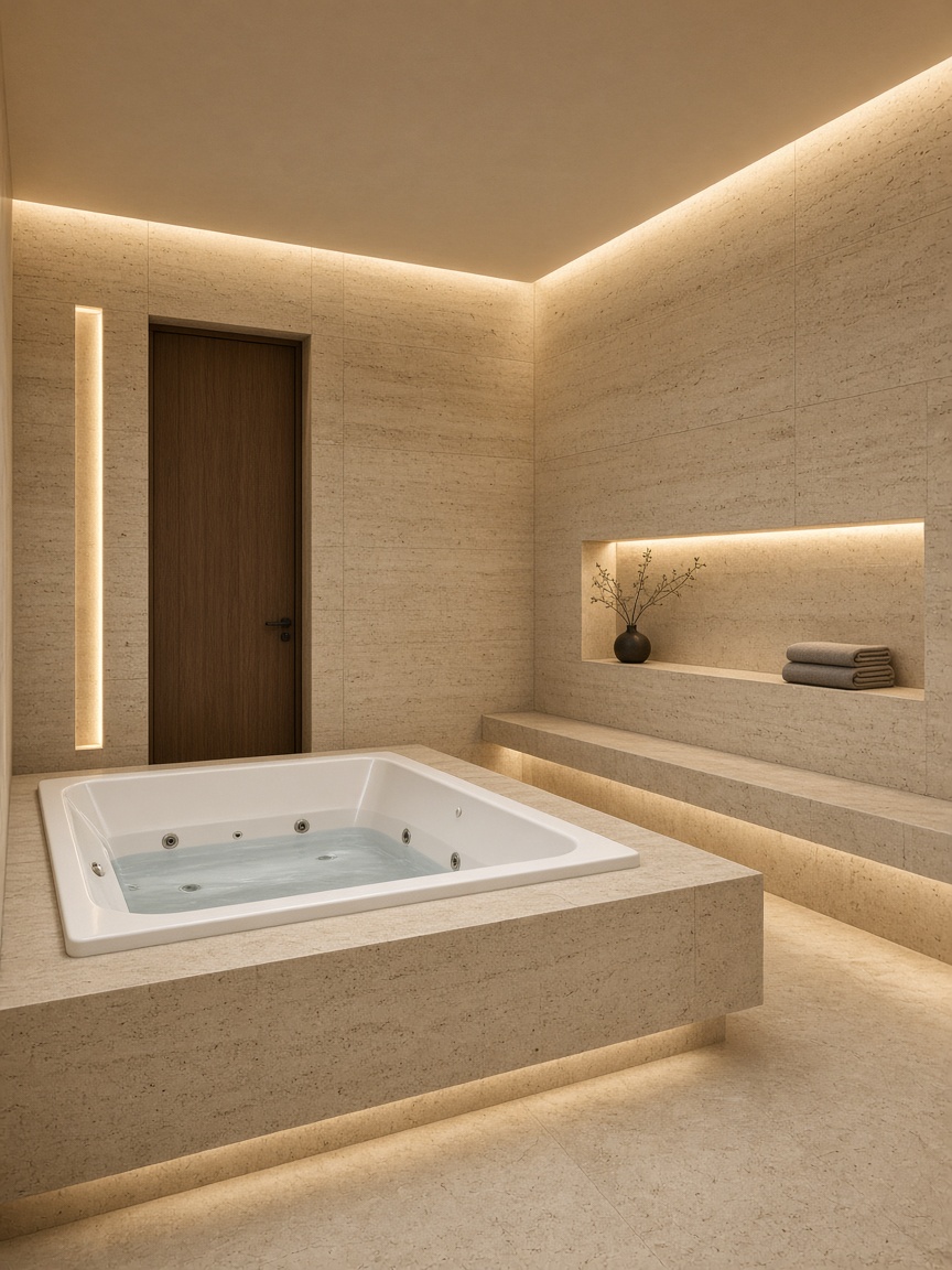 Wellness bathroom with a jacuzzi in a travertine surround and soft LED glow