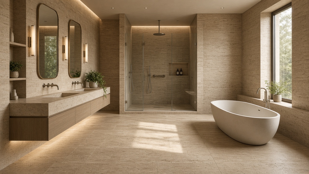 Overview of an empty bathroom with clear zones — vanity, shower and bath