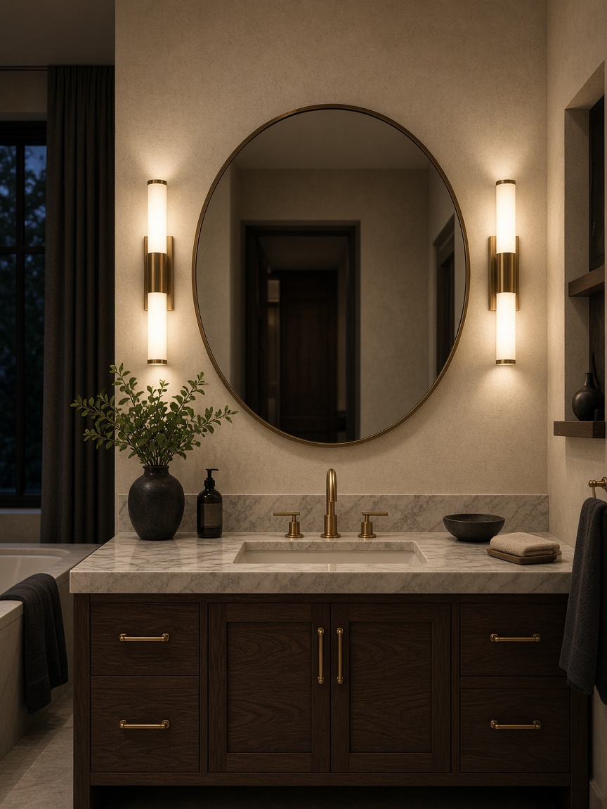 Soft wall sconces flanking a round mirror — light changing the material