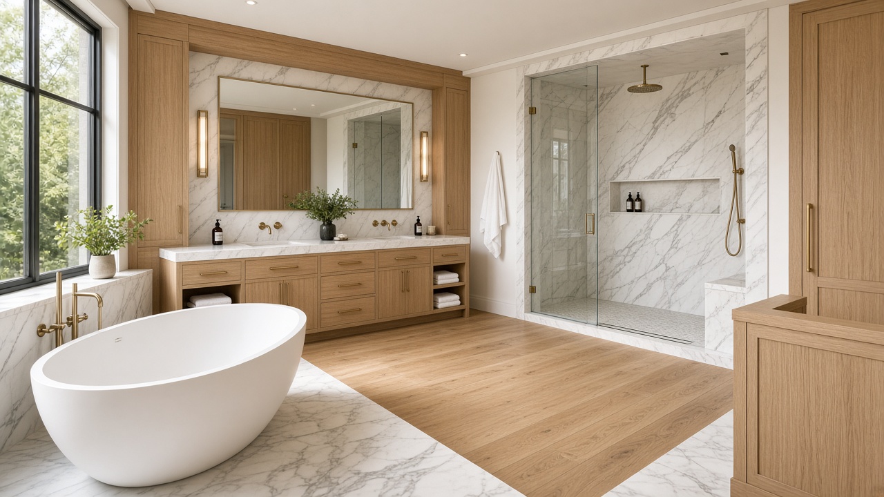Spacious master bathroom with a bath, double vanity and walk-in shower