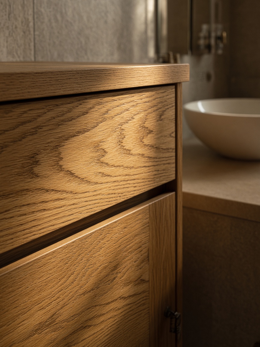 Oak vanity surface — warmth beside the stone