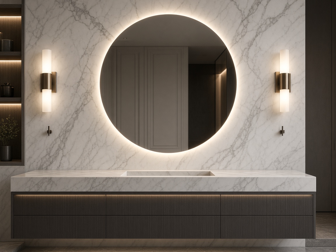 Round mirror with an LED halo above a marble vanity — the mirror as architecture