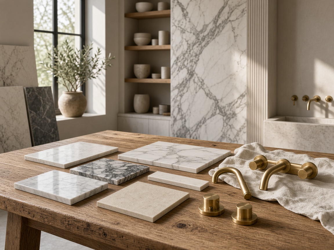Empty atelier with marble samples and taps — bathroom process
