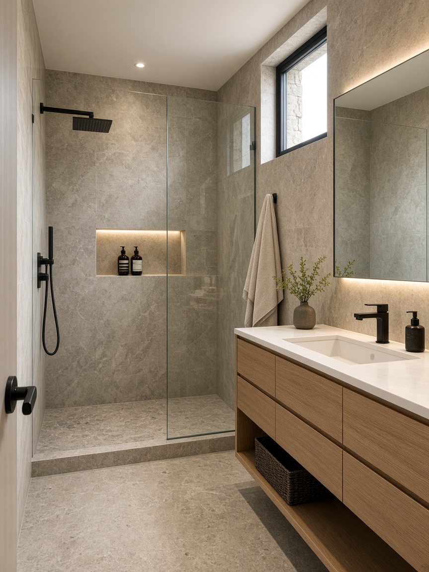 Compact luxury bathroom with an oak vanity and stone shower — small scale with precision