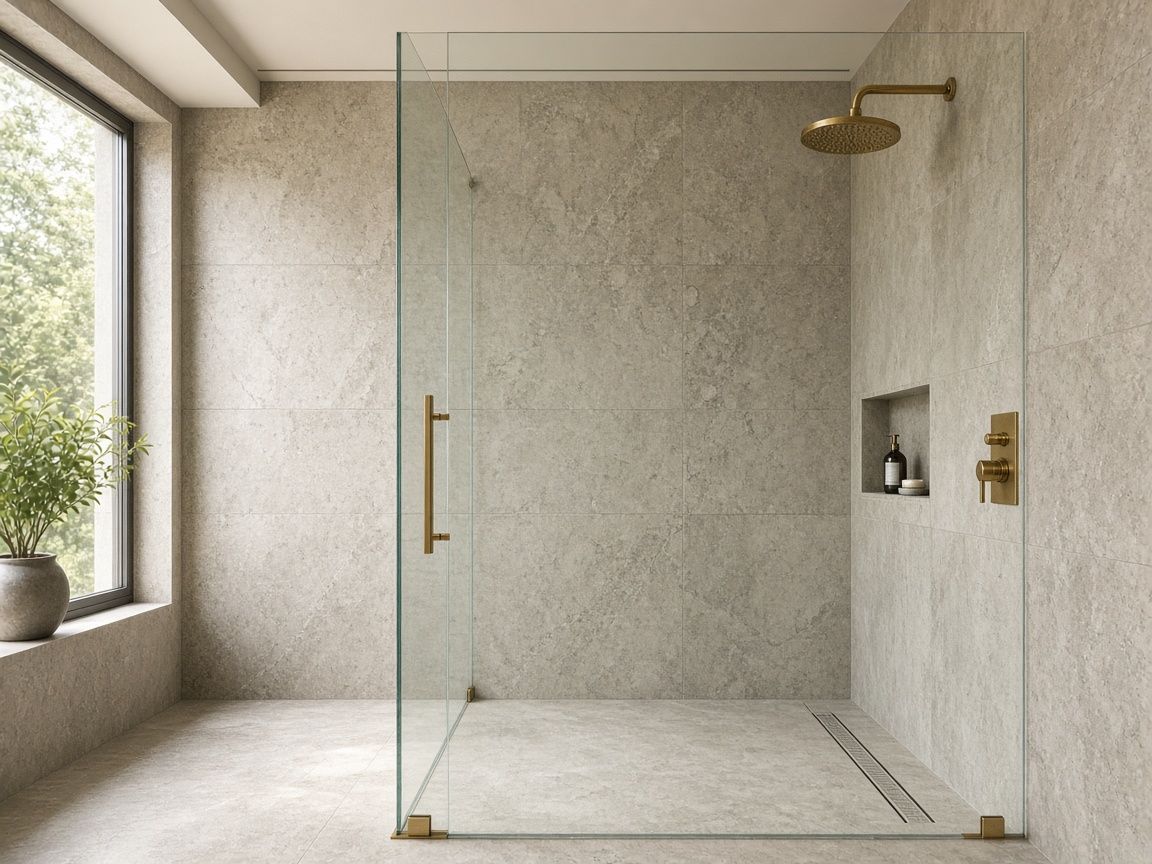 Walk-in shower with stone walls, a glass partition and a brass rain shower