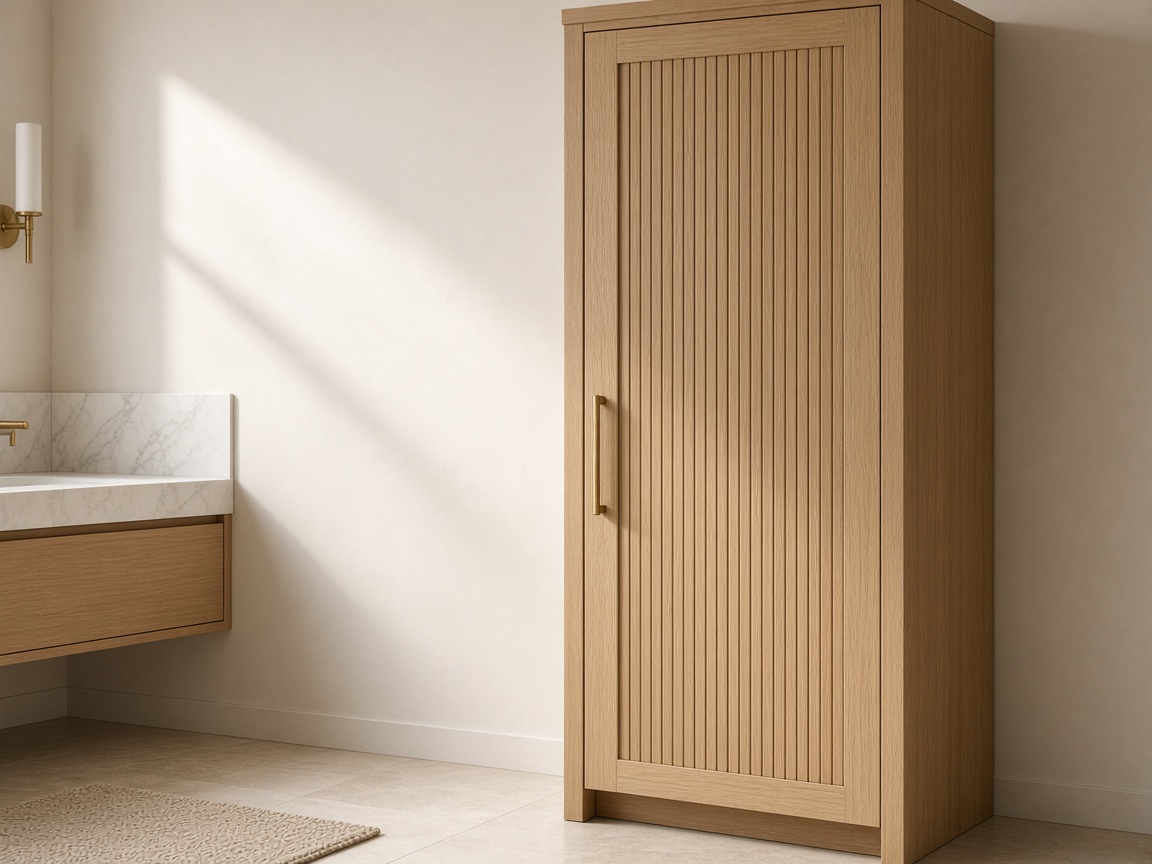Tall oak linen cabinet with a brass handle — storage without visual noise