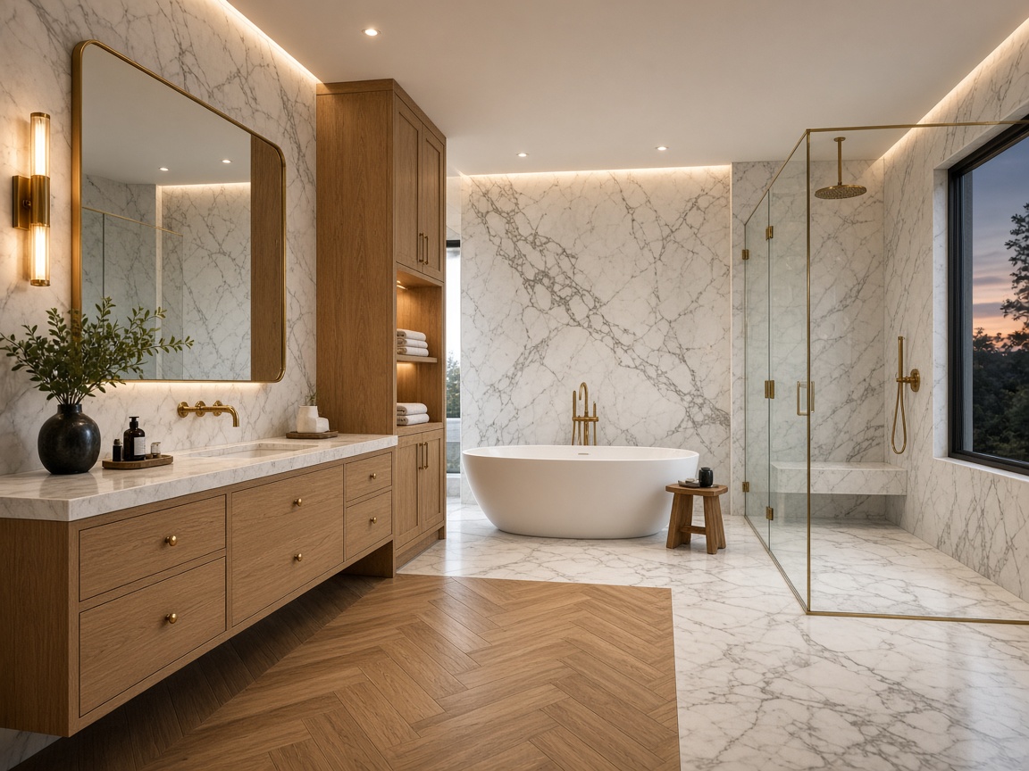 Finished empty master bathroom with marble and brass — delivery tiers