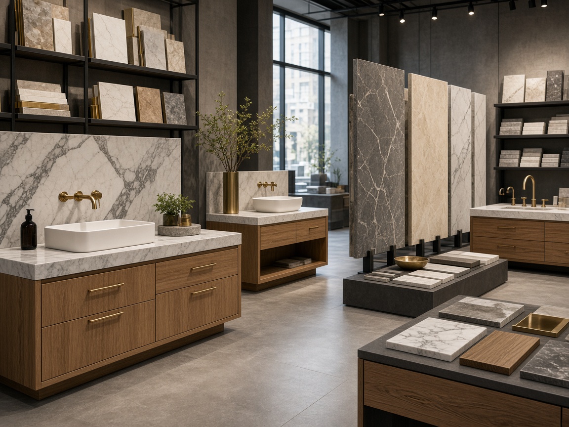 Showroom with vanity samples, marble and brass — bathroom sourcing