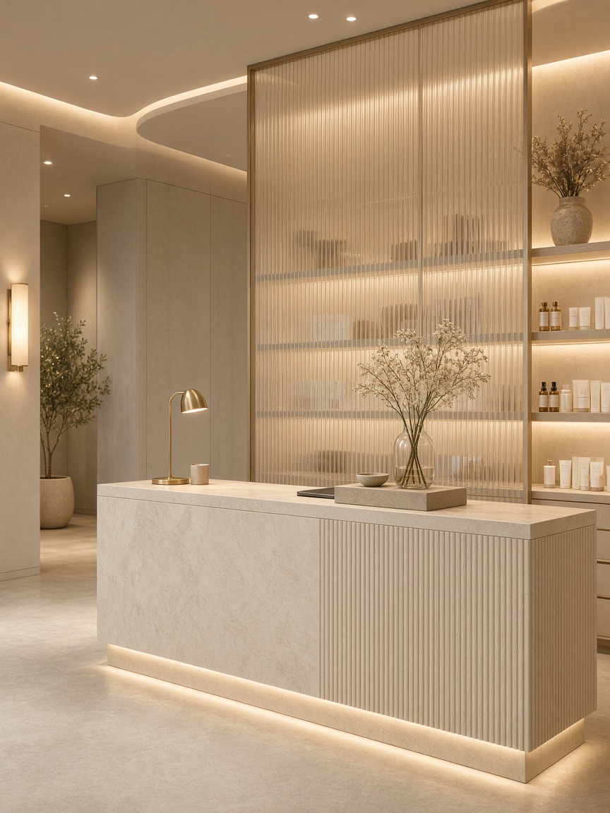 Мека beauty рецепция с камък и флутирано стъкло