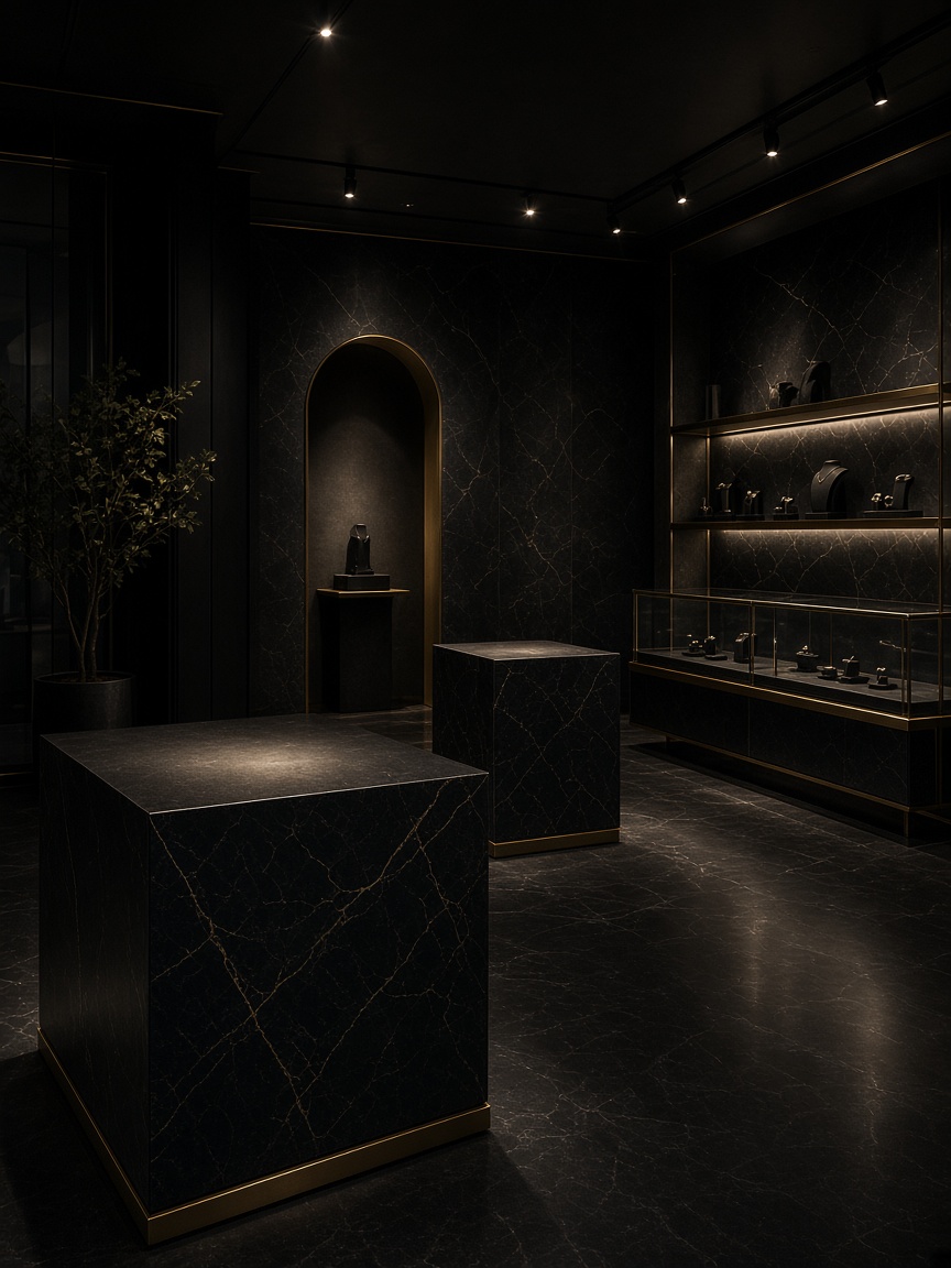 Тъмен бижутерски бутик с месингови пиедестали — jewelry retail
