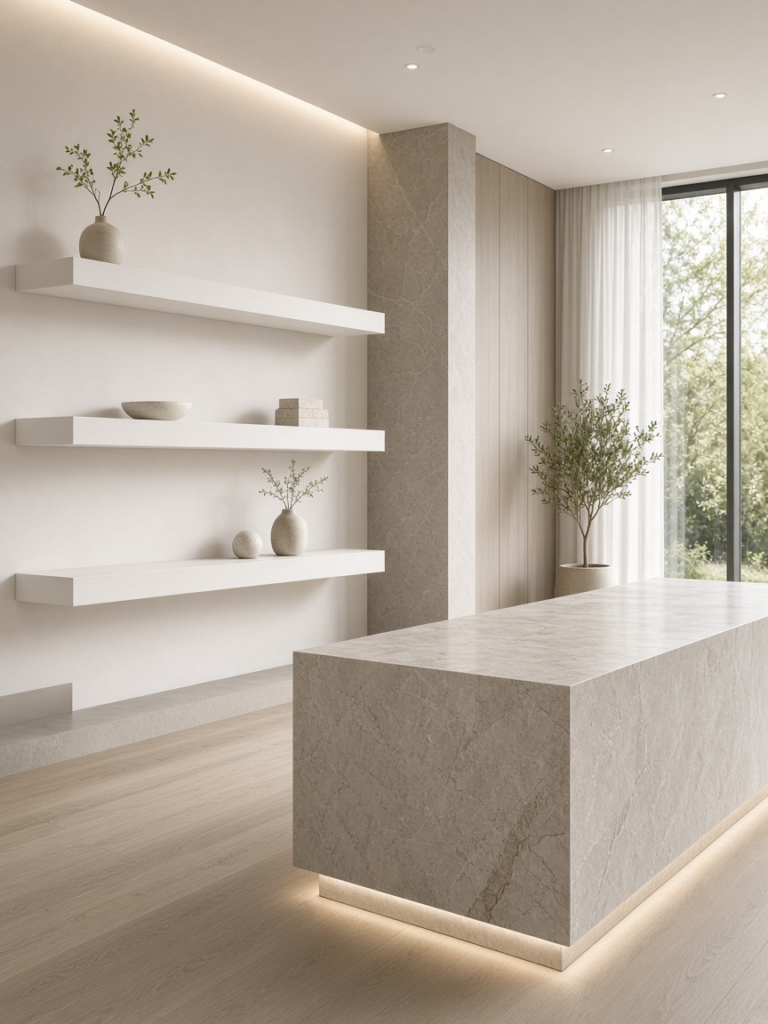 Съвременен showroom с плаващи рафтове и каменен остров