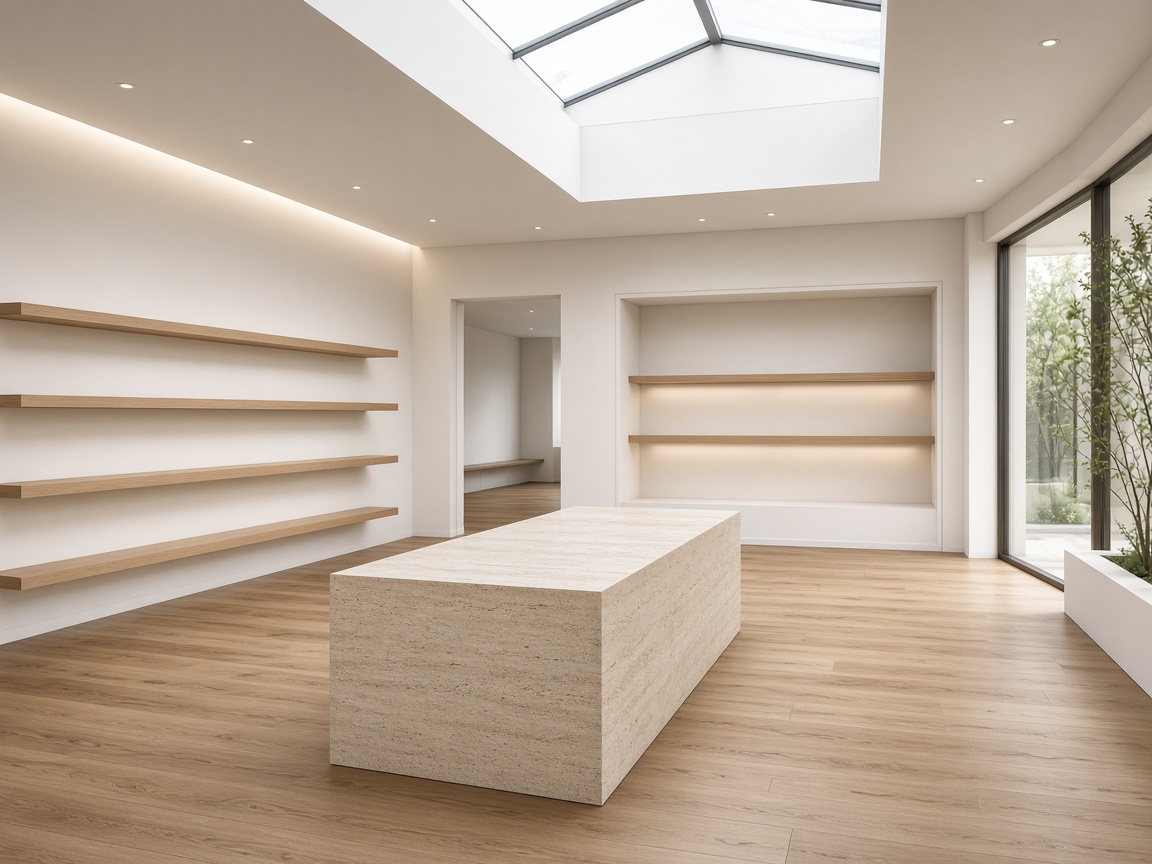 Светъл showroom с дъбов под, плаващи рафтове и травертинов остров