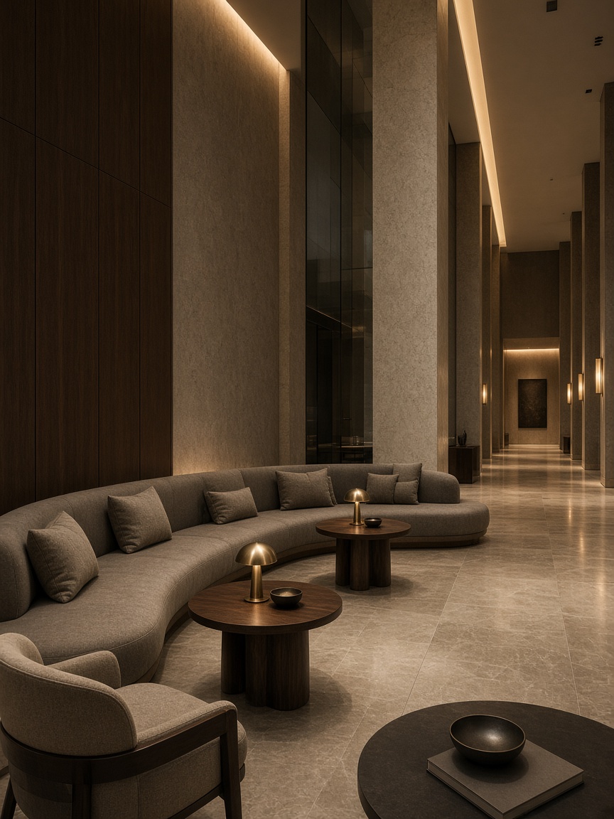 Хотелско лоби с извита banquette и орехови маси — hospitality мебели по проект