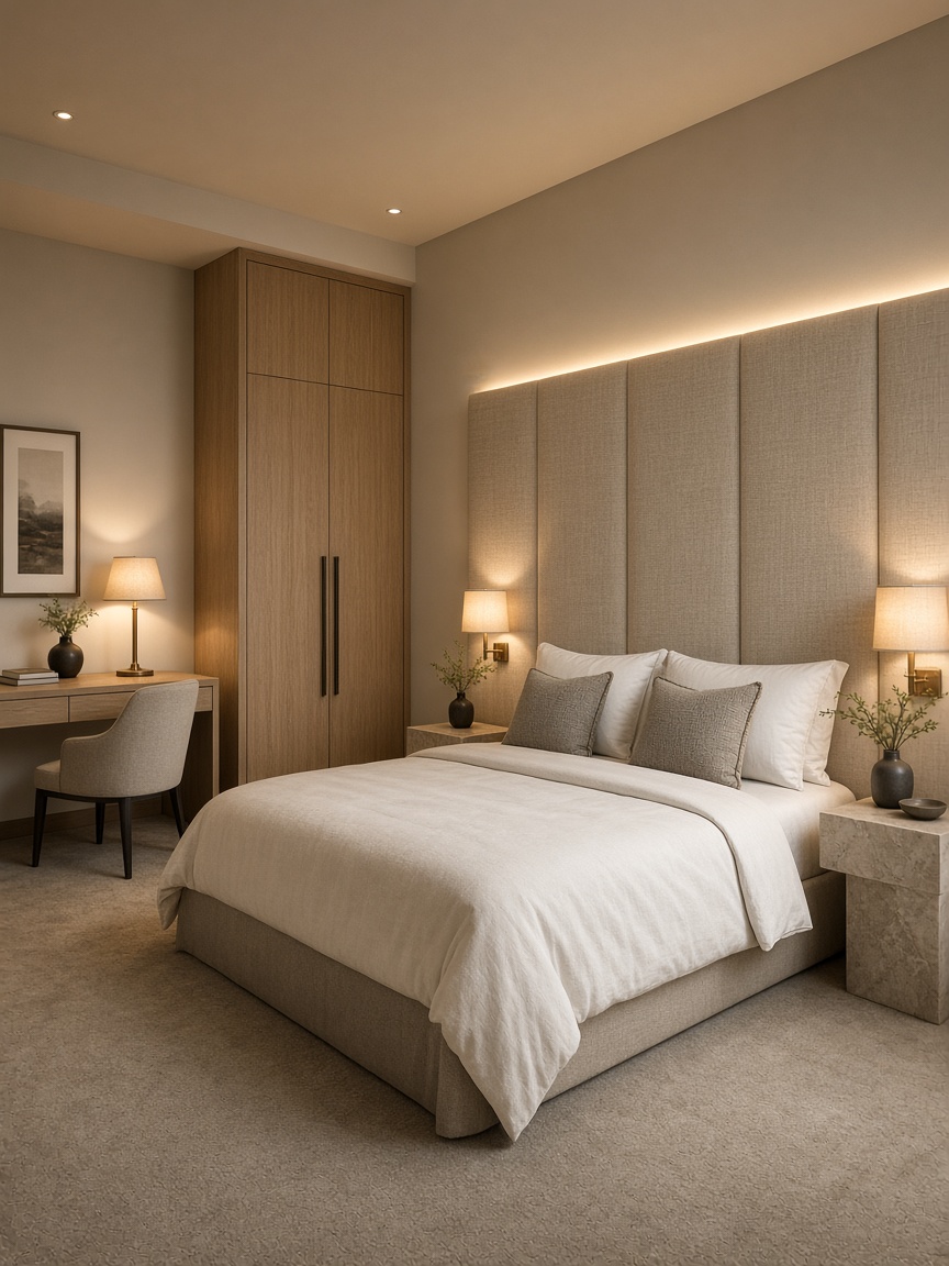 Хотелска стая с табло, гардероб и бюро по проект — повторяеми мебели за suites