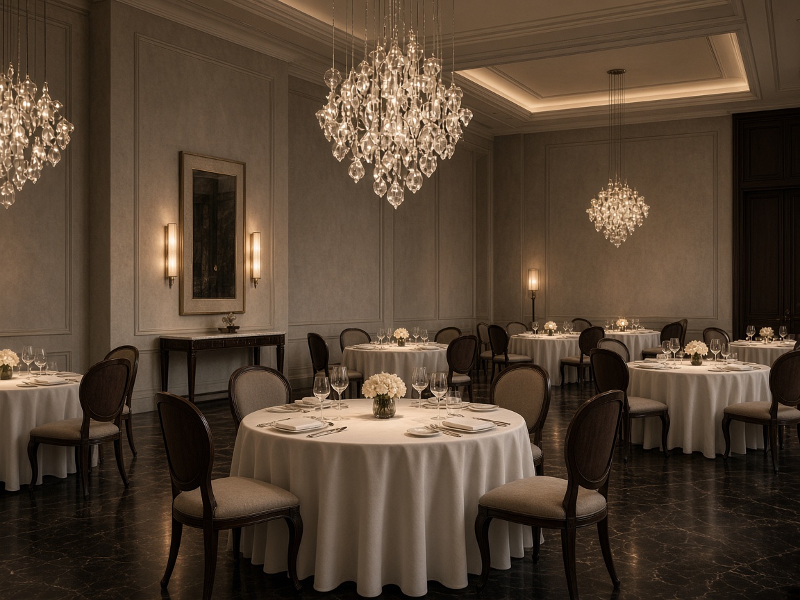 Fine dining зала с орехови столове, кристал и топъл мрак