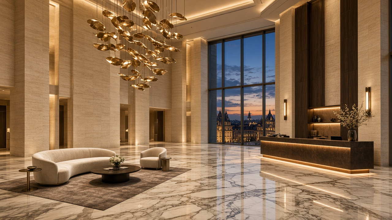 Grand hotel фоайе с мрамор, месинг и кадифени дивани — contemporary luxury hospitality