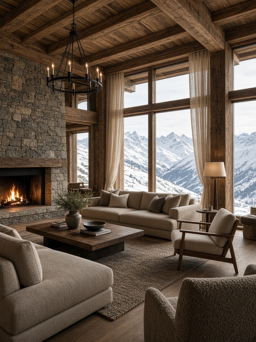 Планинско хотелско lounge с дървени греди, камина и снежна светлина