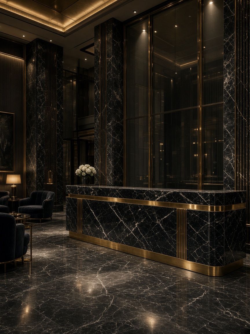 Драматична рецепция от черен мрамор с месингов обков и кадифено lounge сядане