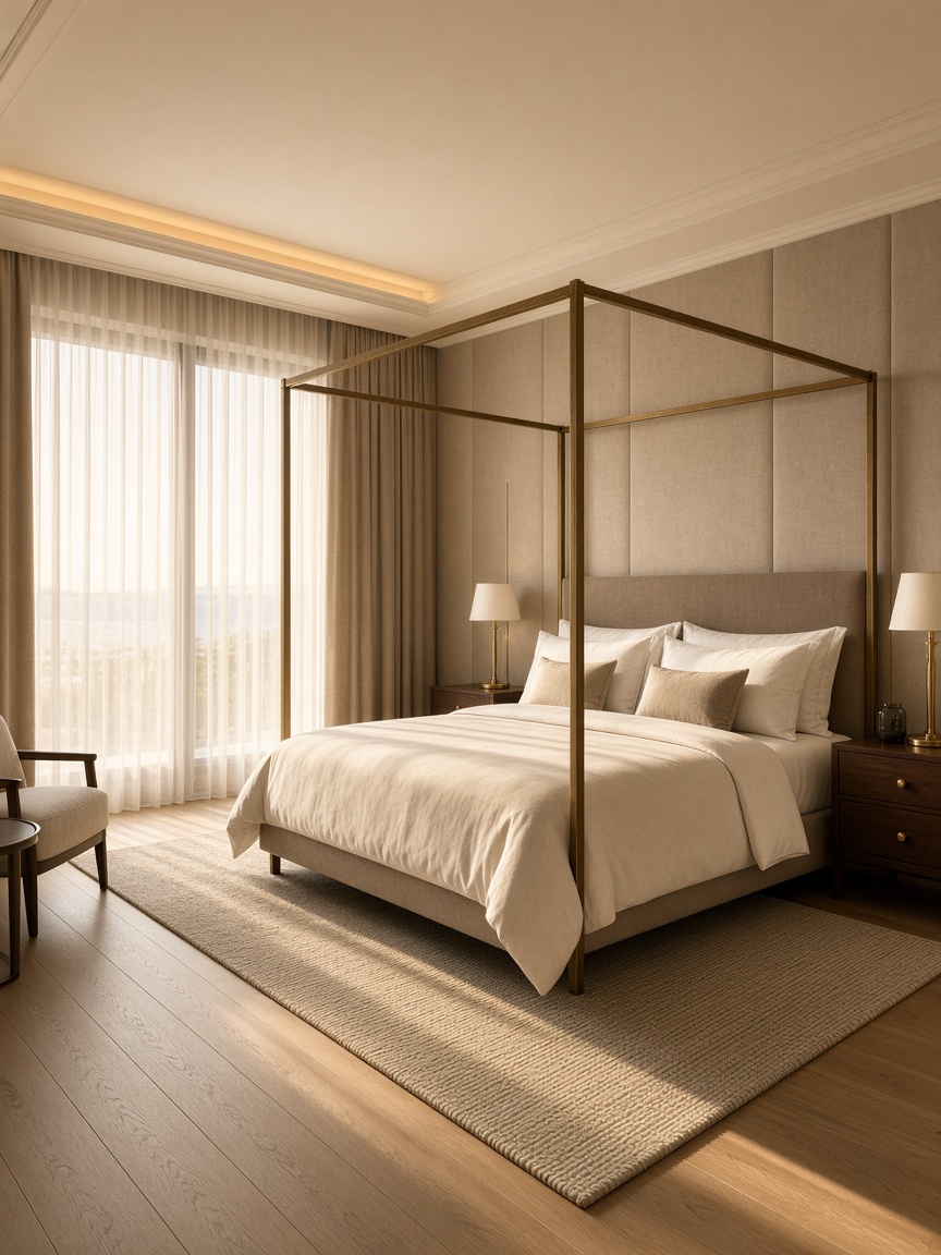 Луксозна хотелска suite със canopy легло, орех и златиста светлина — спокойна Mediterranean естетика