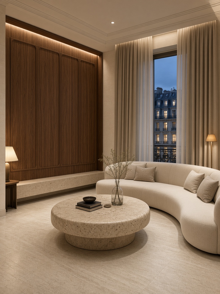 Presidential suite дневна с извит диван, орех и копринени завеси