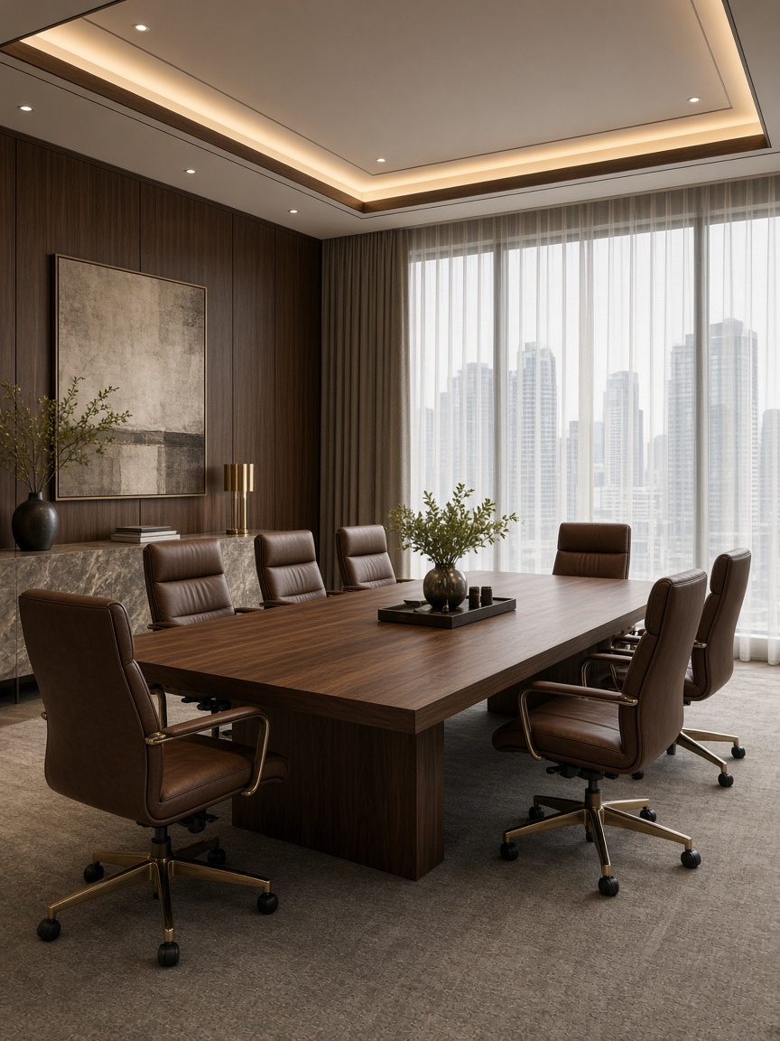 Луксозна boardroom с орехова маса и кожени столове — посока за офис дизайн