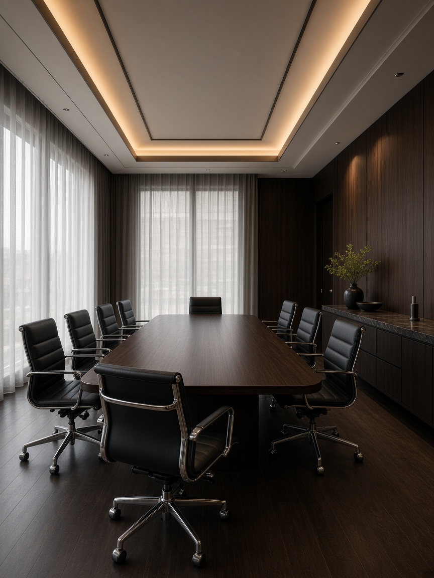 Конферентна зала с бяла маса и черни офис столове — meeting room