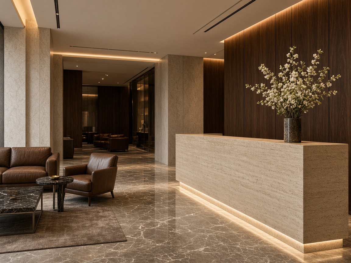 Луксозна рецепция с травертинов плот, кожен lounge и орехови панели