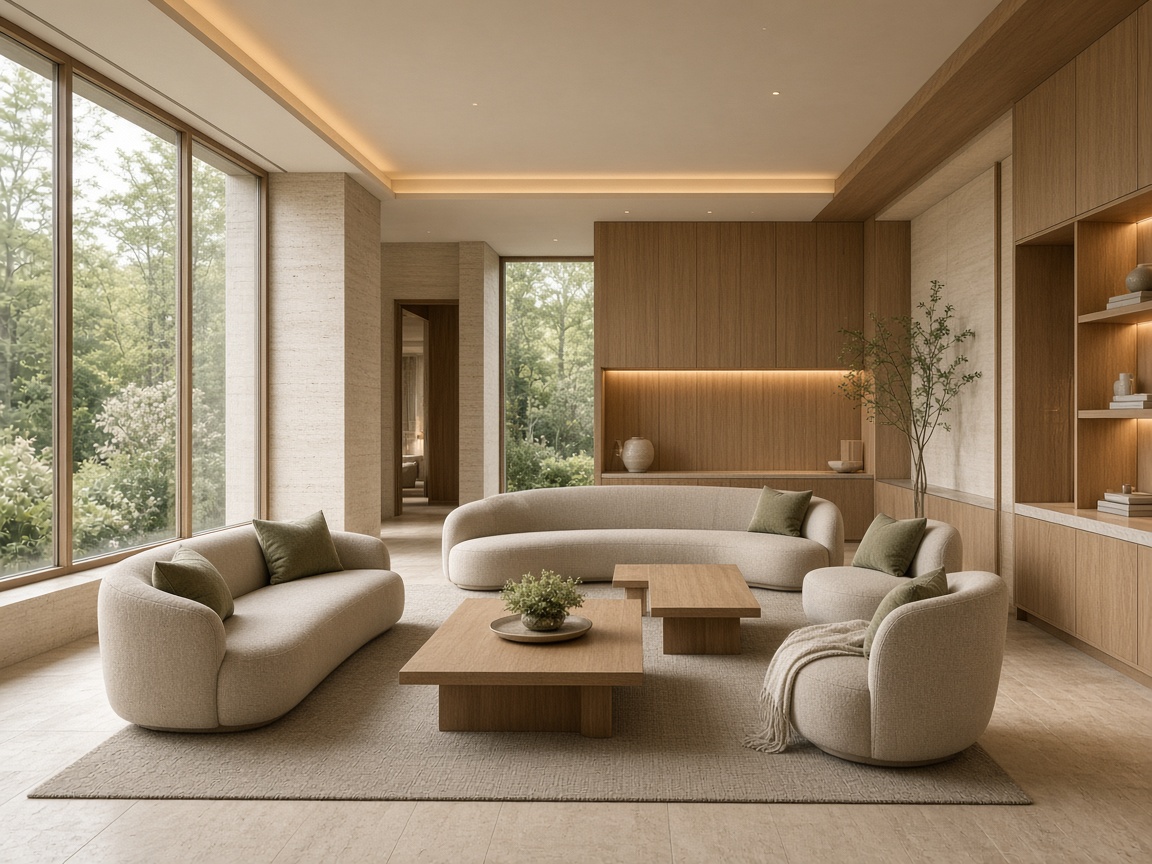 Топла обща зала в care среда — lounge мебели и дъбови маси без хора