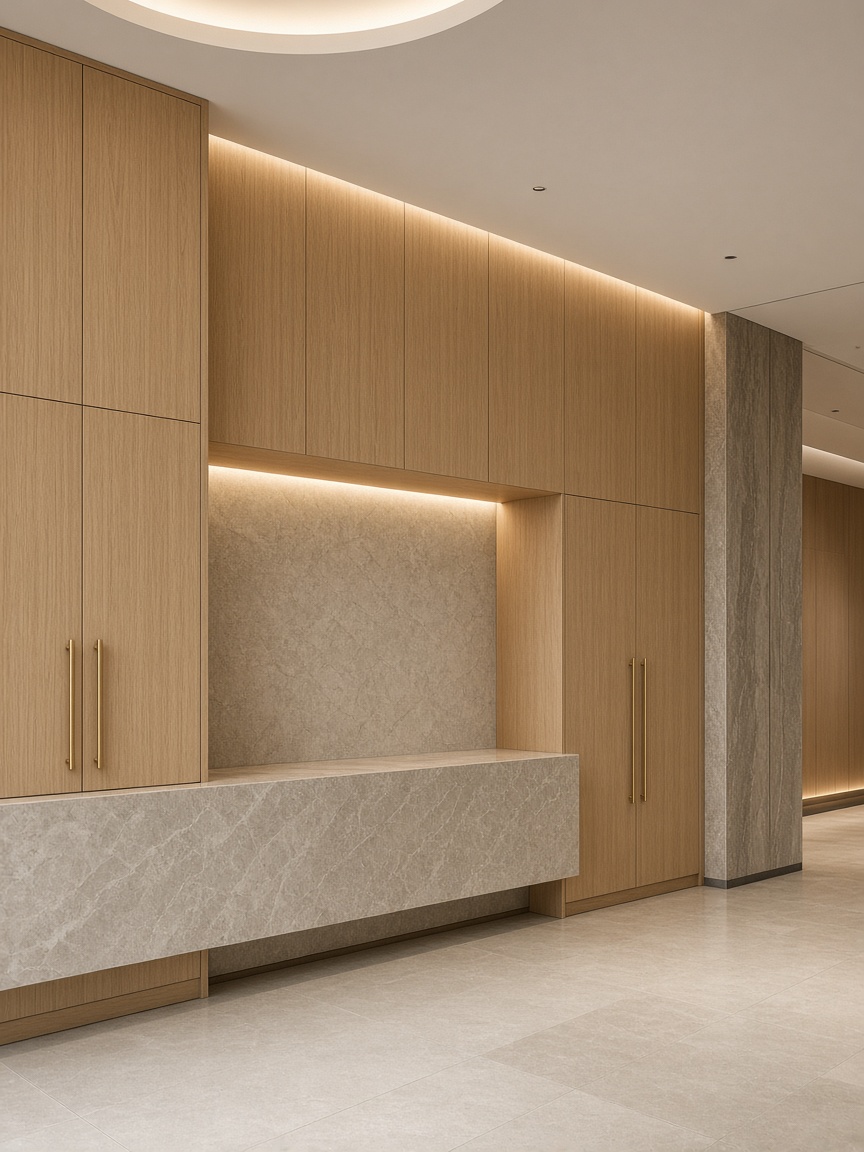 Вградена дъбова рецепция с месингови дръжки — custom joinery за институция
