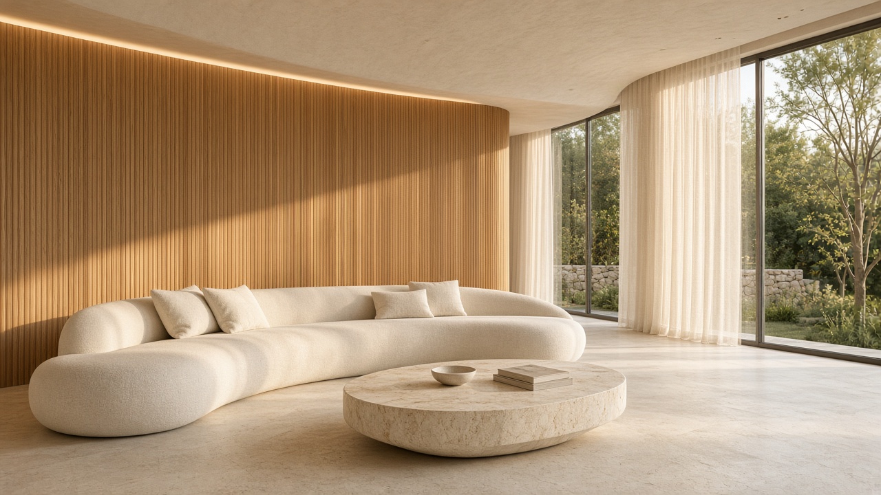 Луксозна всекидневна с извит диван, травертин и дъбова ламела — contemporary villa living