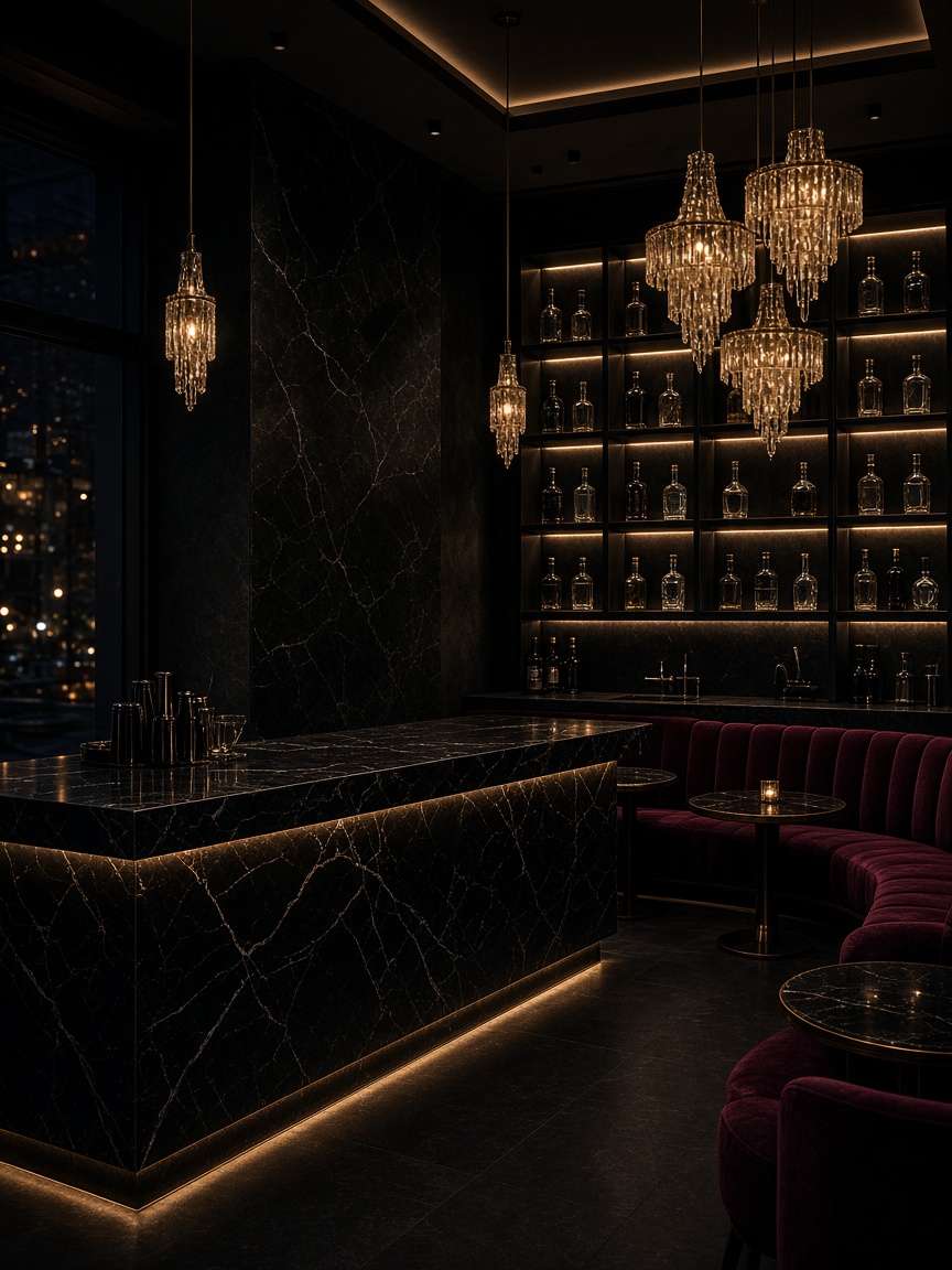 Тъмен cocktail бар с мраморен плот, кадифена banquette и мека вечерна светлина