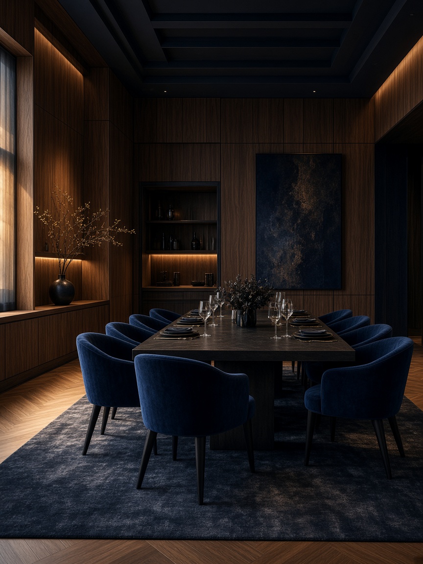 Dining пространство с дълбоки сини столове и топли дървени стени — характер на марката
