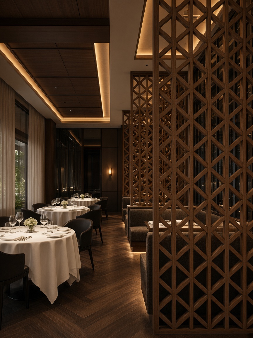 Fine dining зала с дървена решетка, празни маси и топла акцентна светлина