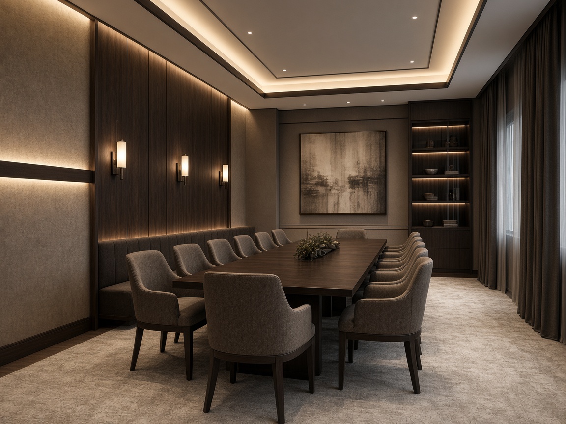Празна private dining зала с дълга маса и мека стенна светлина