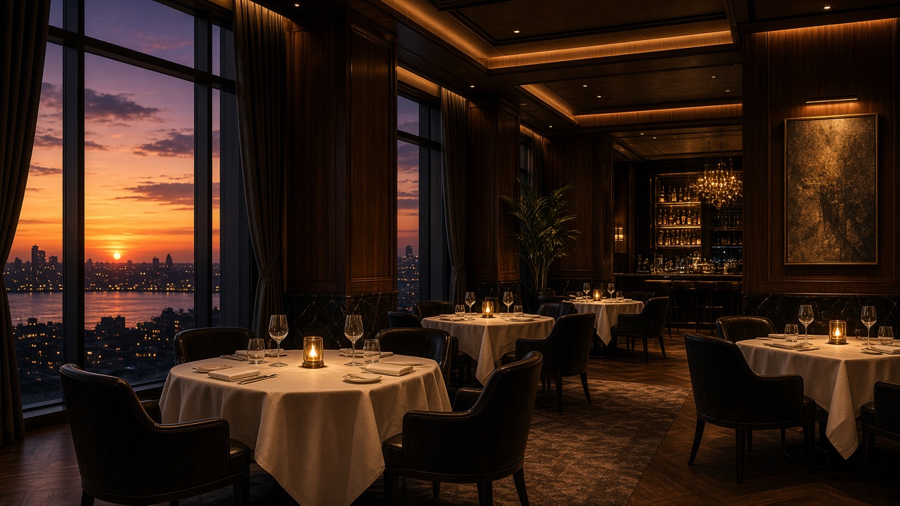 Луксозна празна dining зала при здрач — топла светлина, орех и лен