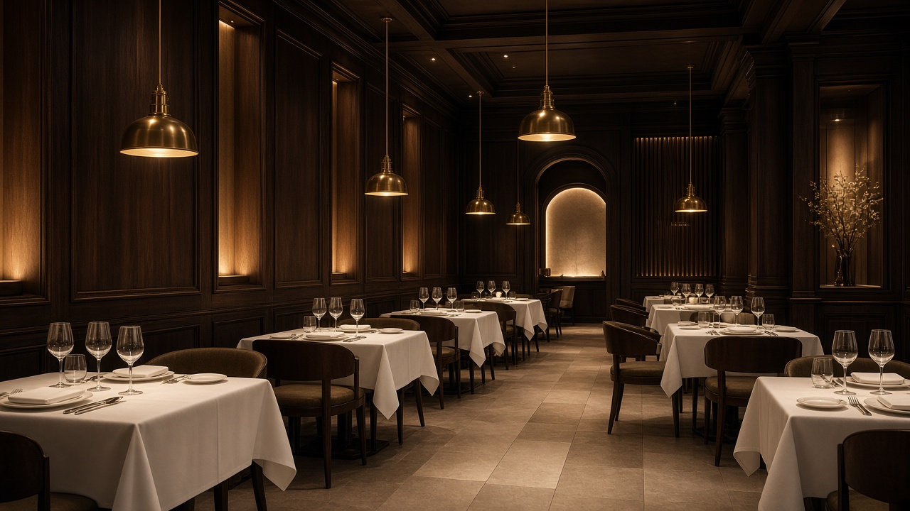 Луксозна празна fine dining зала с орех, бели покривки и месингови пендели