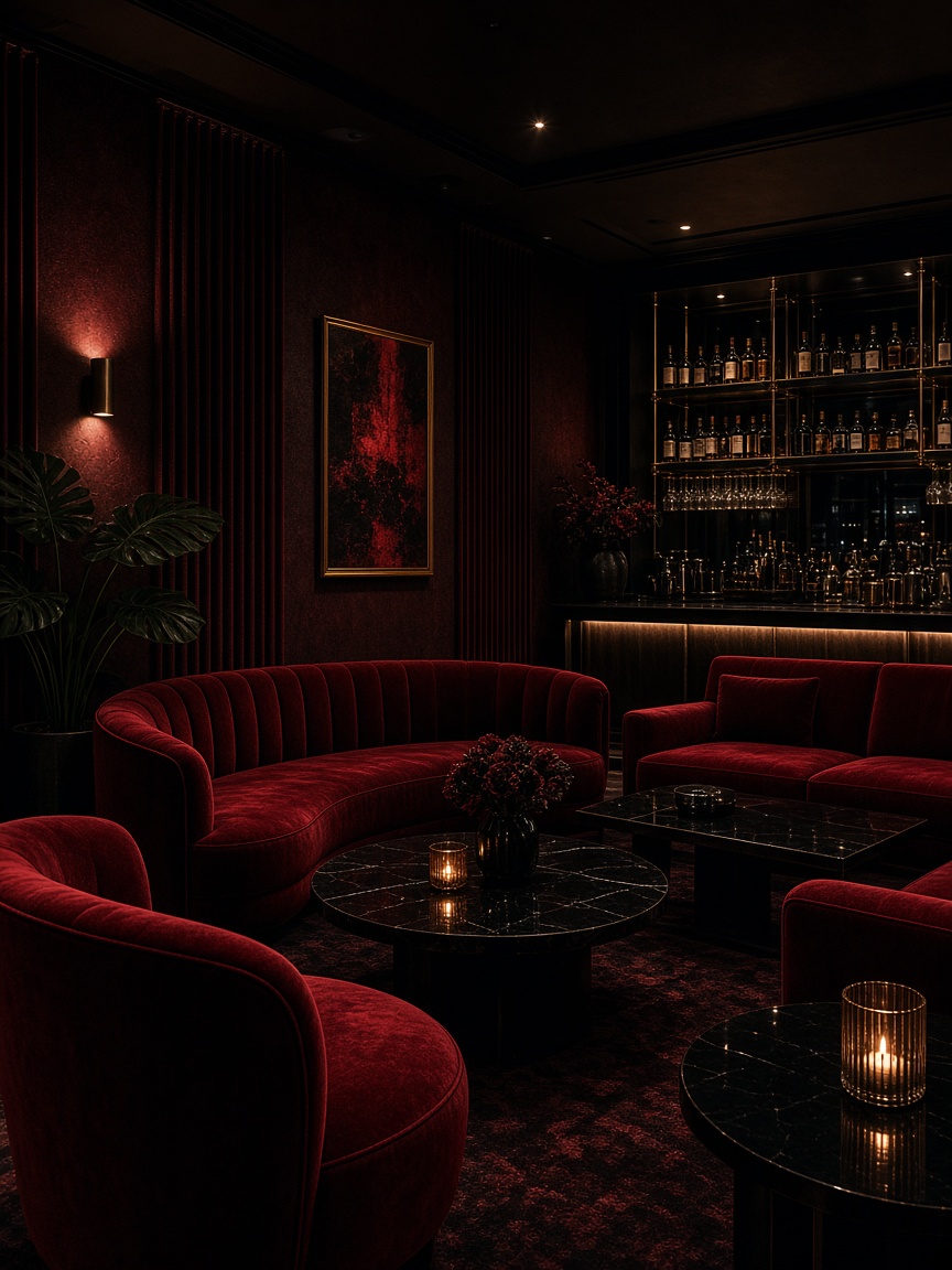 Мрачен cocktail lounge с кадифено сядане