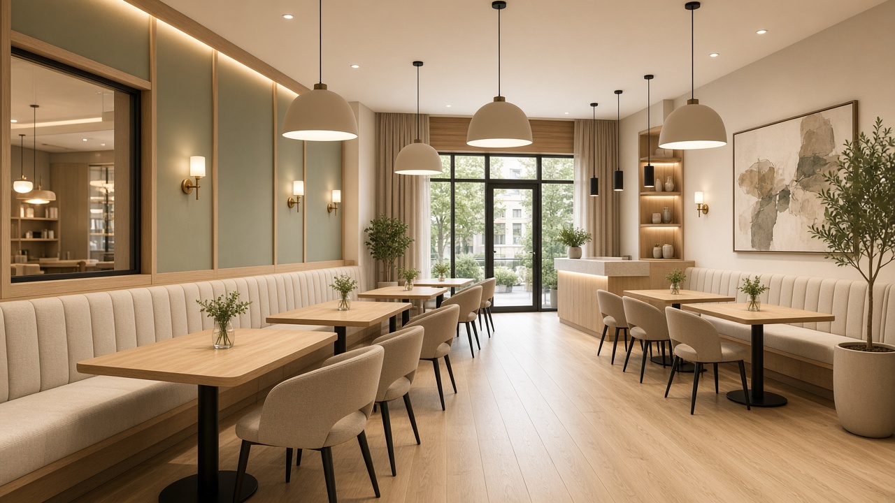 Обновена празна ресторантска зала с дъбов под и кремави banquettes