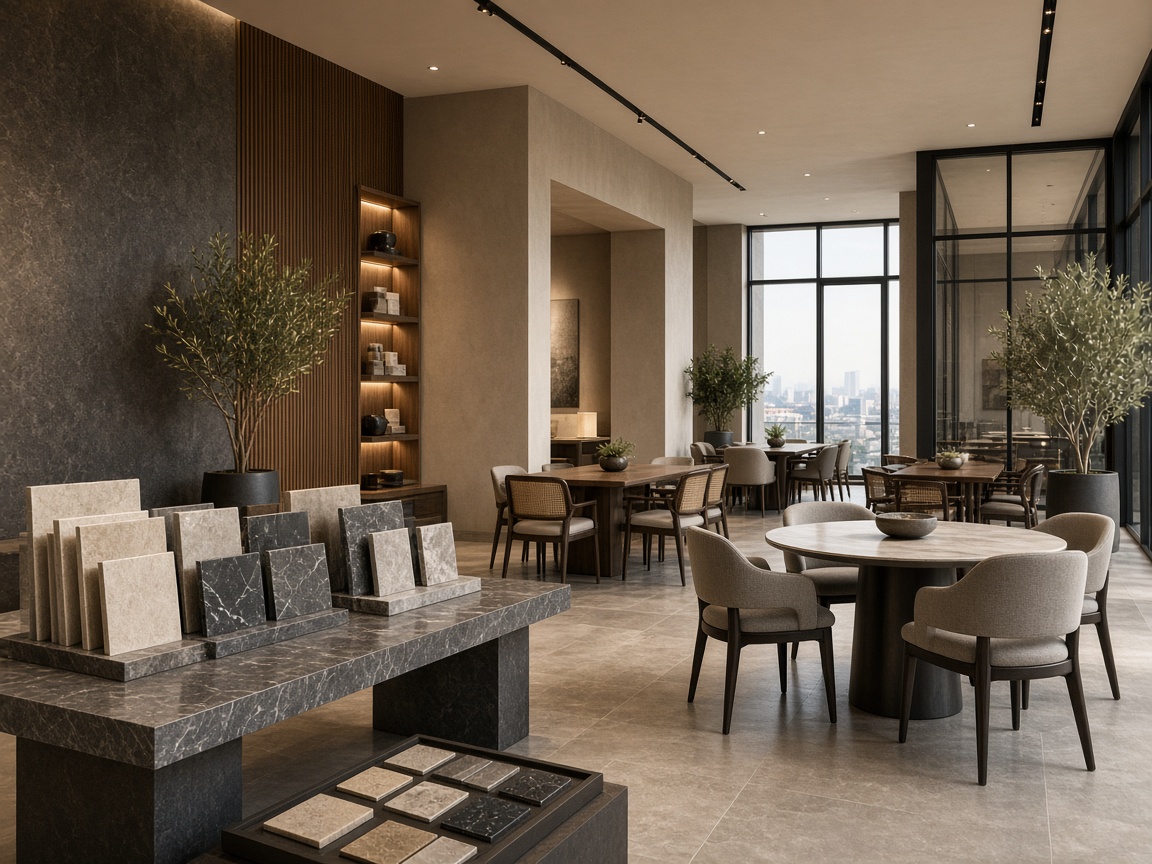 Шоурум с dining столове и каменни мостри — sourcing за hospitality проекти