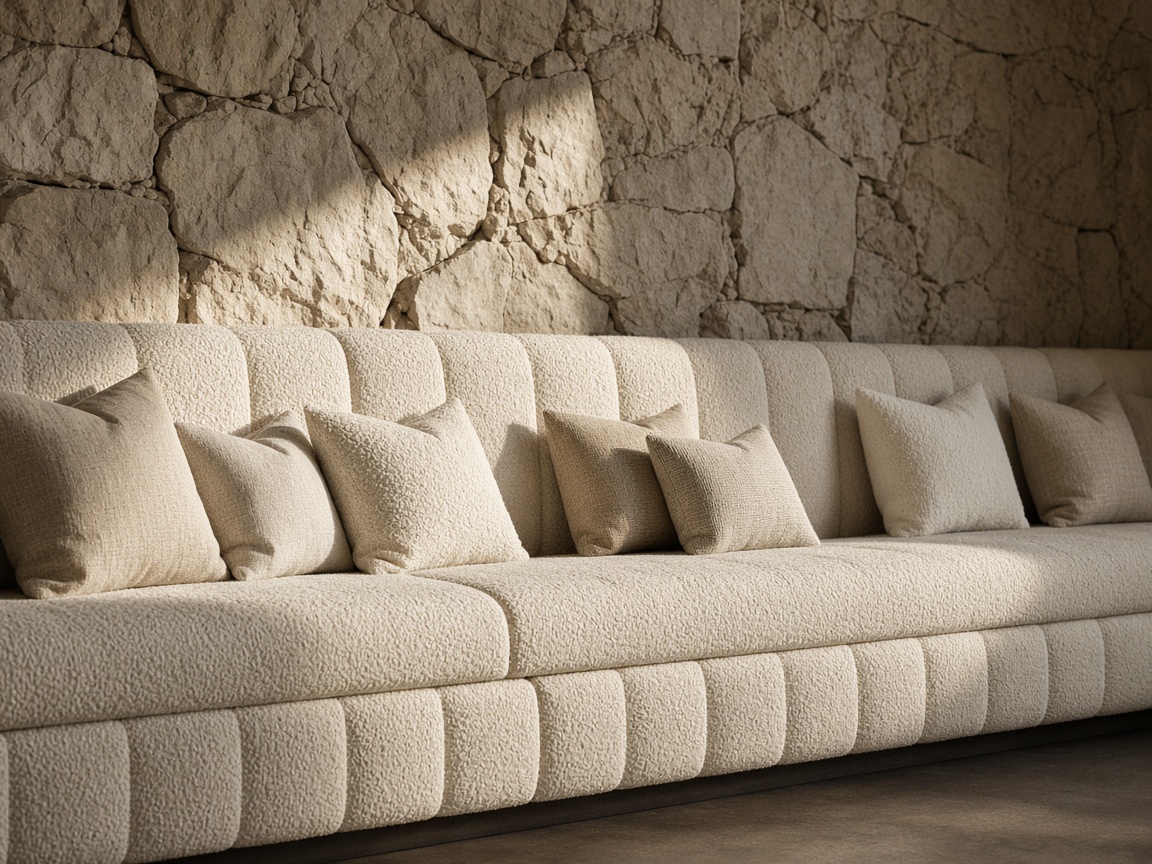 Кремава bouclé banquette към каменна стена — тапицирано сядане за заведение