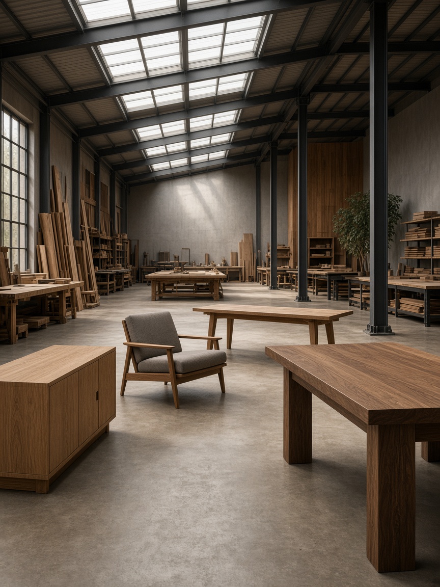 Empty production showroom with oak and walnut furniture — custom manufacturing